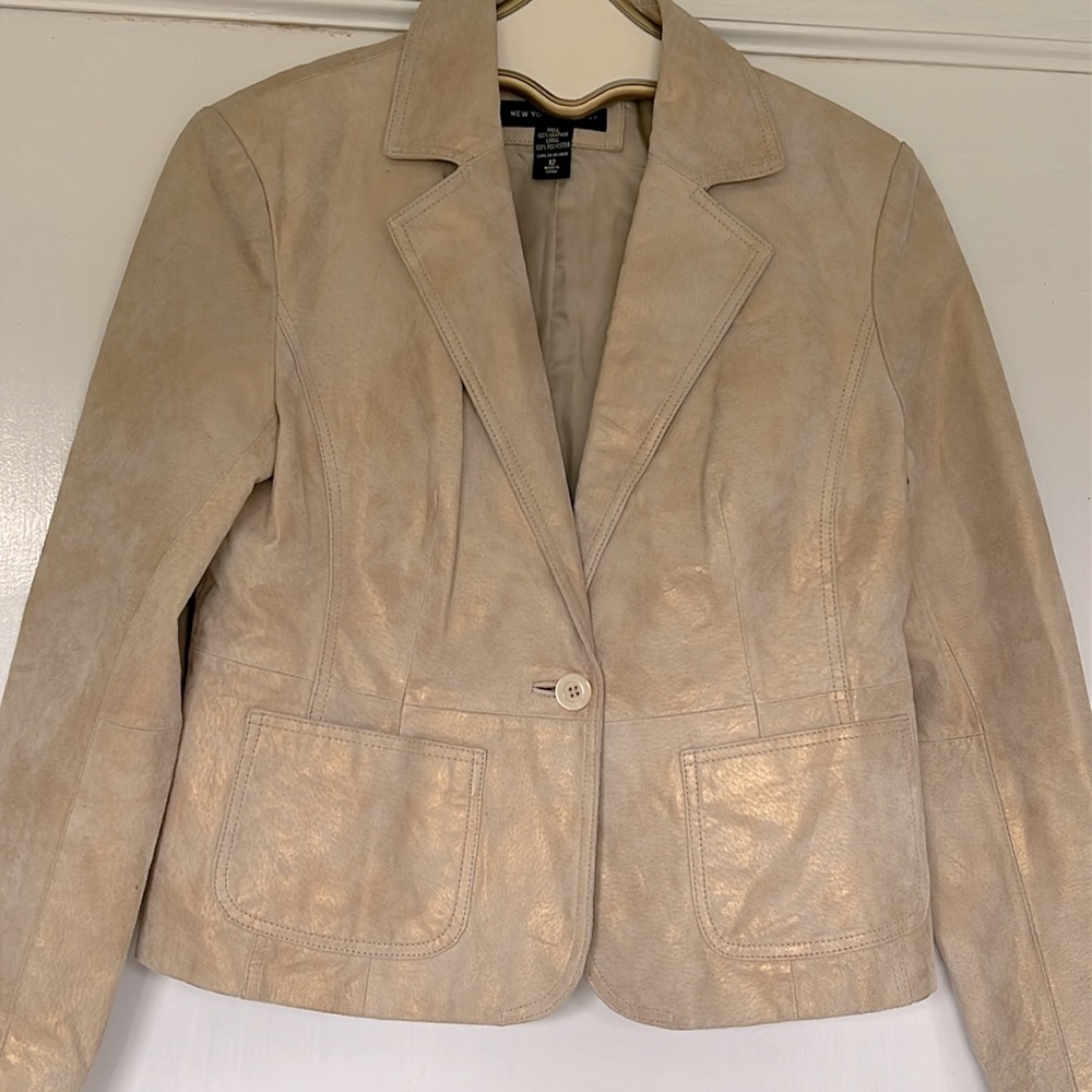 Genuine Leather Jacket - Beige w/ Metallic Gold - Size 12